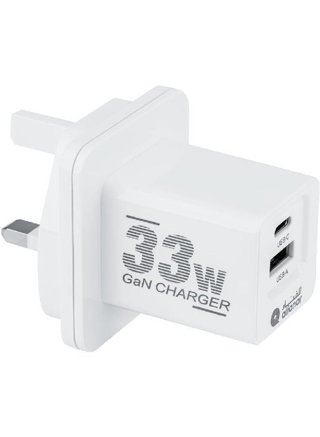 الفنار شاحن حائط USB ثنائي المنافذ Type-C و Type-A بقوة 33 واط من يدعم تقنية باور ديلفري مع تقنية GaN باللون الأبيض 12 x 10 x 5.3 ملم UC05 - Image 1